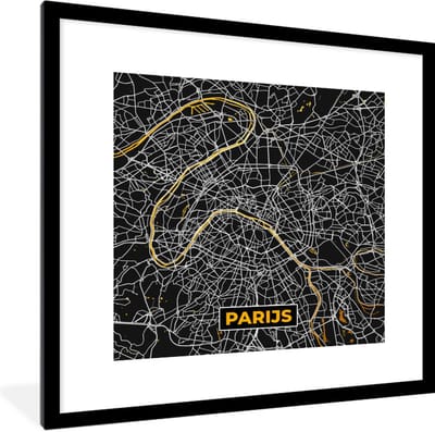Fotolijst incl. Poster - Kaart - Parijs - Stadskaart - Goud - Plattegrond - 40x40 cm - Posterlijst