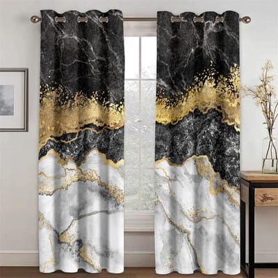 3D Print Goedkope Moderne Luxe Blauw Marmeren Honingraat Plaid Goud 2 Stuks Dunne Schaduwgordijn Woonkamer Slaapkamer Home Decor haak W50xH130(CM)x2PCS-Grommet Top