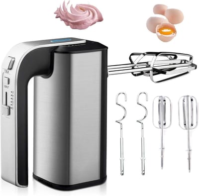 Elektrische Handmixer - Keukenmixer Klopper - Beslag Mengen - 5 Snelheden Krachtig - 800W Motor - Zilverkleurig