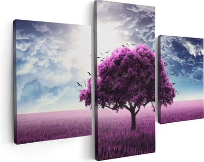Artaza Canvas Schilderij Drieluik Paarse Boom In Het Paars Veld Met Vogels - 90x60 - Foto Op Canvas - Canvas Print