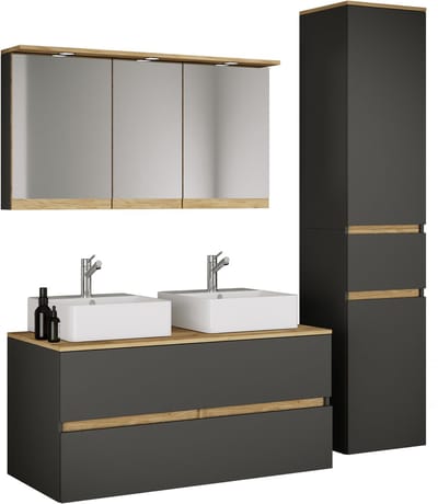 VCM 5-tlg. Doppelwaschtisch Cosila mit 2 Keramikbecken – Badschrank H. 51 x B. 111 x T. 51 cm mit 2 Softclose-Schubladen, Spiegelschrank mit Beleuchtung & Steckdose und Hochschrank Cosila-A