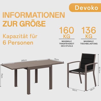 Tuinmeubelset 4 Personen Uittrekbare Tafel 80-160x80x75 cm – Aluminium Tuinset met Stapelbare Stoelen – Weerbestendig & Modern Design – Bruin – Nicolehome