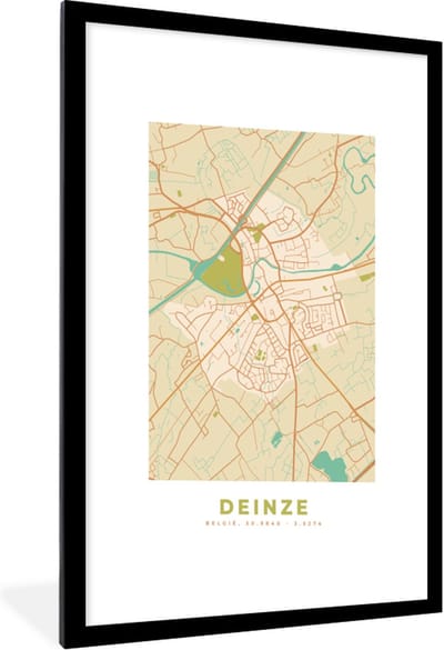 Fotolijst incl. Poster - Kaart - Deinze - Plattegrond - Vintage - Stadskaart - 60x90 cm - Posterlijst
