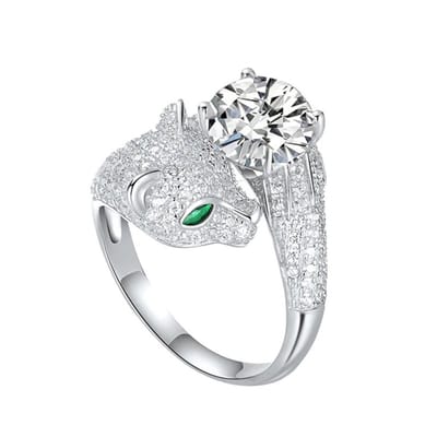 Hetty'S - Chique -Panter Ring in "Cartier-Stijl "â€“ Met 2 Karaat Witte Moissaniet met Certificaat â€“ 925 zilver -EÃ©n Maat