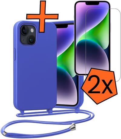 Hoesje Geschikt voor iPhone 13 Mini Hoes Met Telefoonketting Met 2x Screenprotector - Backcover Geschikt voor iPhone 13 Mini Case Met Koord - Felblauw