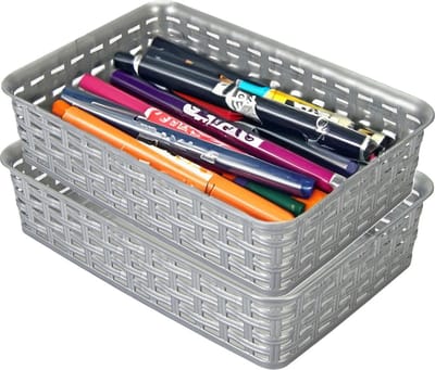 Hega Hogar Opbergmandje/ladeverdeler - 2x - zilvergrijs - 2 liter - kunststof - 17 x 25 x 6 cm - kleine opslag bakjes - manden