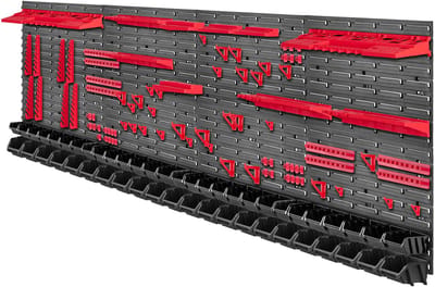 KADAX Gereedschapswandrek, groot, 232 x 78 cm, opslagsysteem van robuust kunststof, uv-bestendig modulesysteem, uitbreidbare wandplaten, werkplaatsrek voor garage (rood en zwart, 140 stuks)