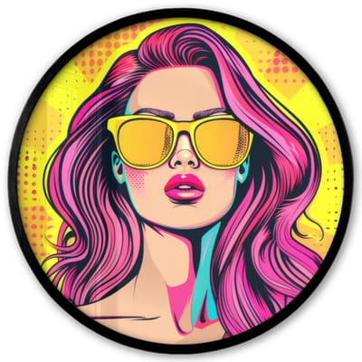 Poster in lijst Rond - Fotolijst 40x40 cm - Posters - Zonnebril - Vrouw - Zonnig - Geel - Ronde posterlijst zwart - Decoratie - Wanddecoratie woonkamer - Muurdecoratie slaapkamer