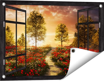 Gards Tuinposter Doorkijk Mooi Landschap met Rode Bloemen en Zonsondergang - 60x40 cm - Tuindoek - Tuindecoratie - Wanddecoratie buiten - Tuinschilderij