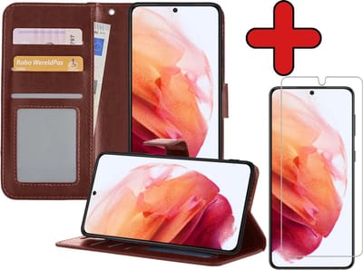 Hoesje - Met Screenprotector - Geschikt voor Samsung Galaxy S21 - Luxe Pasjeshouder - Flipcase - Bookcase Portemonee - Flip Case - Kunstleer Book Case - Book Cover - Walletcase - Portemonneehoes - Telefoonhoes - Bruin