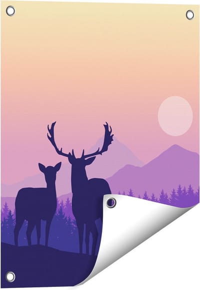 Gards Tuinposter Twee Herten - Zonsondergang - Silhouet - 40x50 cm - Tuindoek - Tuindecoratie - Wanddecoratie buiten - Tuinschilderij
