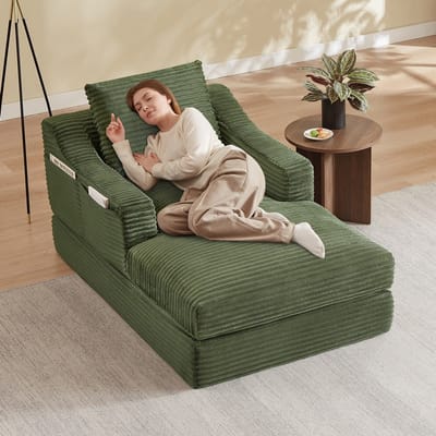 Pugsdrly Moderne minimalistische corduroy luie loungestoel, ruime eenpersoonssofa, ontspanningsbank voor woonkamer en slaapkamer, dubbellaags ontwerp, uit te klappen tot bed