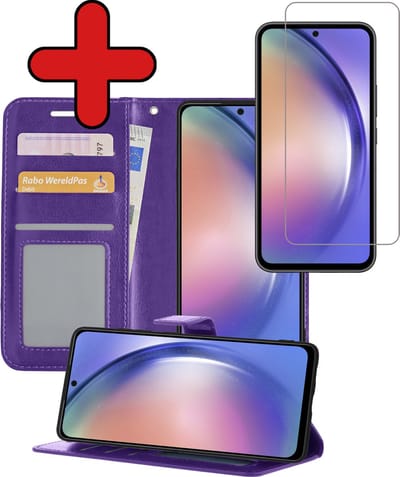 Hoesje - Met Screenprotector - Geschikt voor Samsung Galaxy A54 - Luxe Pasjeshouder - Flipcase - Bookcase Portemonee - Flip Case - Kunstleer Book Case - Book Cover - Walletcase - Portemonneehoes - Telefoonhoes - Paars