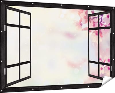Gards Tuinposter Doorkijk Roze Bloesemboom met Zonneschijn - 180x120 cm - Tuindoek - Tuindecoratie - Wanddecoratie buiten - Tuinschilderij