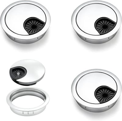Bureaukabeldoorvoer set van 4 stuks, Ø 50 mm ronde kabeldoorvoer, zinklegering, zilver, ideaal voor bureau en werkbank, kabelmanagement en kabelafdekking