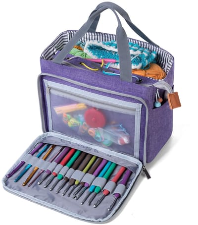 Handwerktas, haken, garenopslag, tas breien voor onvoltooide projecten, haaknaalden en andere accessoires (geen accessoires inbegrepen), paars