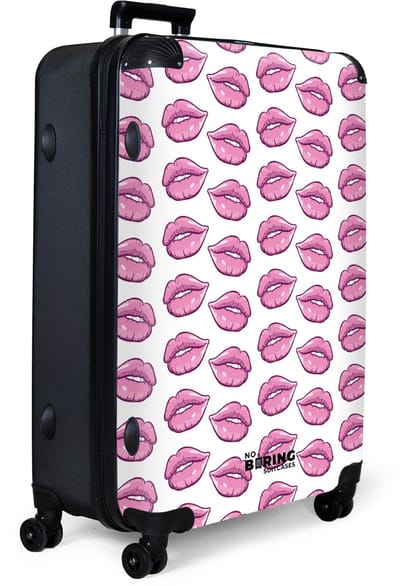 NoBoringSuitcases.com® - Koffer groot - Reiskoffer lichtgewicht - Wit met roze lippen - Rolkoffer met 4 wielen - Grote trolley XL - 98 liter bagage