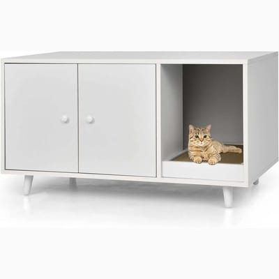 Emvae Kattenbak Kast - Kattenbak meubel - Kattenbak ombouw - 2-in-1 Multifunctioneel - Krabmat - Ventilatie - 90 x 50 x 50 cm - MDF - Wit