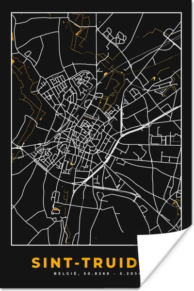 Poster Plattegrond - Goud - Sint-Truiden - Kaart - Stadskaart - 120x180 cm XXL