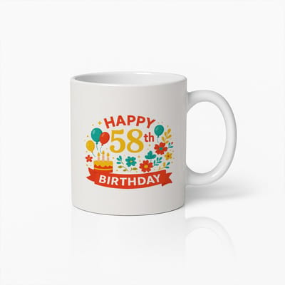 Gelukkige 58ste Verjaardag Mok – Kleurrijke Ballonnen & Taart Ontwerp Koffiebeker