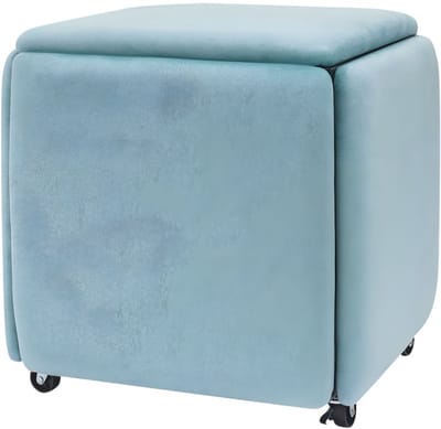 5-in-1 sofa kruk – Voor thuis, slaapkamer en make-upruimte – Stapelbare voetenbank met zwenkwielen – Multifunctionele kubuszit voor schoenen wisselen en gebruik als stoel – Blauw