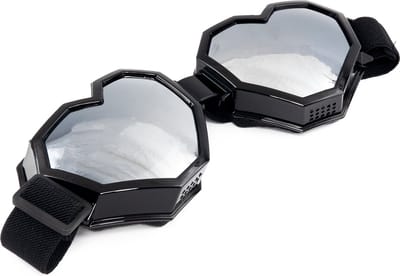 KIMU® Goggles Hartjes Skibril - Bril Zwart Montuur - Zilveren Spiegelglazen - Steampunk Zilver Hart Grote Spacebril Elastiek Dames Heren Festival