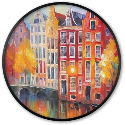 Poster in lijst Rond - Fotolijst 60x60 cm - Posters - Grachtenpanden - Kunst - Schilderij - Amsterdam - Ronde posterlijst zwart - Decoratie - Wanddecoratie woonkamer - Muurdecoratie slaapkamer