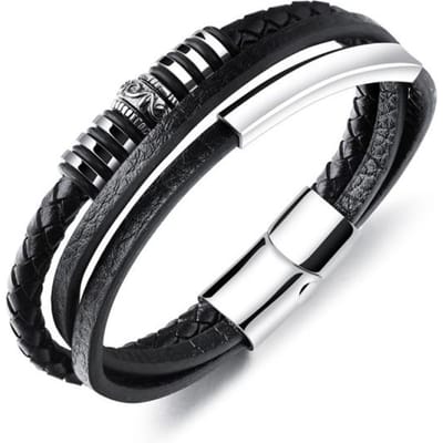 Mode Roestvrij Stalen Bedel Mannen Armband Magnetische Sluiting Gevlochten Mutilayer Lederen Wikkelen Punk Rock Armbanden Man Sieraden Gift 22cm black