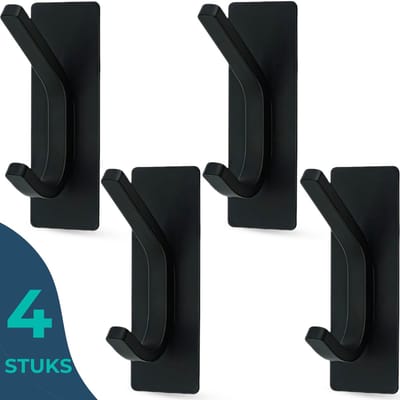 BUDDLEY Zelfklevende Kapstokhaken - Ophanghaken - Wandhaak - Plakhaak - Plakhaken - Zelfklevend - Muur - Kapstok - Haken - Muurhaken - Set Van 4 Stuks - Incl. Plakstrip - Mat Zwart