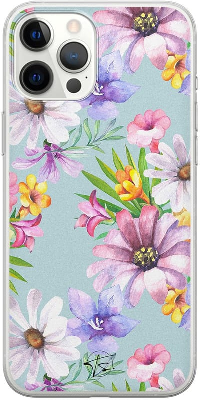 Hoesje geschikt voor iPhone 12 Pro Max - Mint bloemen - Soft Case - TPU - Bloemen - Blauw - Mooie Telefoonhoesjes