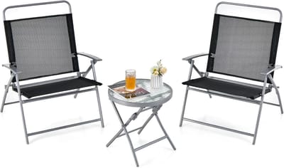KOMFOTTEU Bistroset 3-delig, bistrotafel met 2 inklapbare stoelen, tuinmeubelset van metaal en gegolfd glas, moderne zitgroep voor binnenplaats, veranda en terrassen