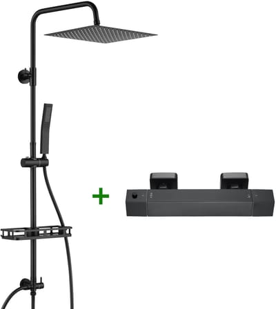 Auralum Max Badkraan Complete Set - Piano Button Douchekraan - 2 Functies - 6 Straalstanden handdouche - Anti-knik PVC Slang - Glijstangset - met Groot Plankje - Waterbesparend - Zwart