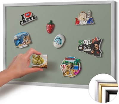 Wallfluent - Olijf Magneetbord Met Effen Achtergrond - 60 cm x 40 cm - Magneetbord met Zilveren Frame - Licht olijfkleur - Magnetisch Bord voor aan de Wand - Magnetisch Bord Decoratief - Magneetbord met Effen Frame