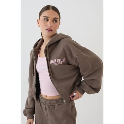 Dames Dsgn Studio Applique Boxy Crop Hoodie Met Rits | Taupe | Maat: XS
