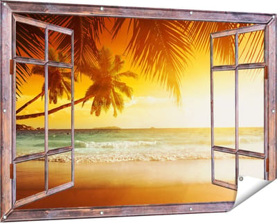 Gards Tuinposter Doorkijk Tropisch Strand tijdens Zonsondergang - 150x100 cm - Tuindoek - Tuindecoratie - Wanddecoratie buiten - Tuinschilderij