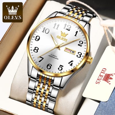 HO-6666.gz : Olevs goudzilverkleurig tourbillon/mechanisch edelstaal heren horloge, goudkleurige grote cijfers, luminiscerend, dagnaam, kalenderdag