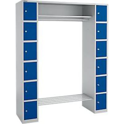 Lockerkast - B 1735 x D 500 x H 1950 mm - 2 x 6 vakken - met hoedenplank en kledingstang - schoenrek - blank alu en gentiaanblauw - ons merk Schäfer Shop