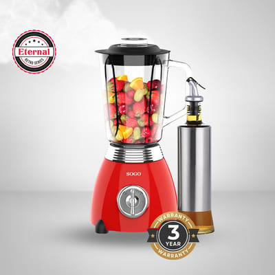 SOGO SS-5560 Retro Rode Power Blender met 1.5l Glazen Kan Inclusief Maxenza Design Glazen Olie Fles