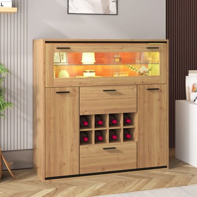 Sweiko Elegante Wijnkast met dubbele deuren, glazen plank en wijnhouder, perfecte opslag in een stijlvol Dressoir, met LED verlichting, Natuurlijk