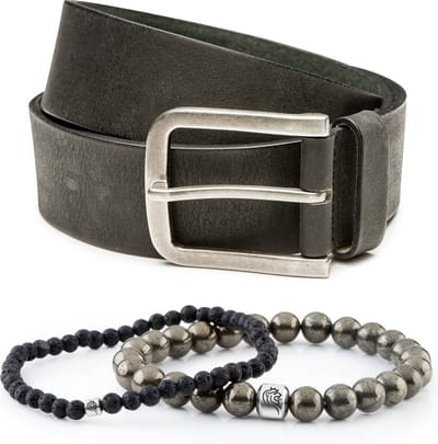 DTCH.FIT Kralen armband Kurt Grey one size & Leren riem Jaxx Zwart- 4cm breed - 85cm - Totale lengte 100cm