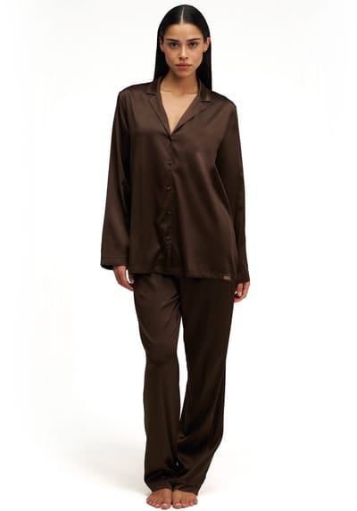 Dore & Rose - Premium Zijden Pyjama Dames - 100% Premium Zijden - Lichtgewicht - Extreem Zacht - Donkerbruin - S
