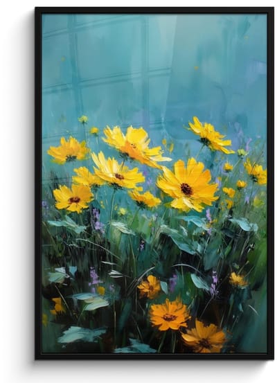 Poster in lijst - Fotolijst 80x120 cm - Posters - Penseelstreken - Bloemen - Felgeel - Abstract - Posterlijst zwart - Decoratie - Wanddecoratie woonkamer - Muurdecoratie slaapkamer