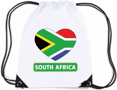 Zuid Afrika thema sporttas - nylon rijgkoord rugzak - wit met hartjes vlag print - supporters - 11 liter - 45 x 34 cm