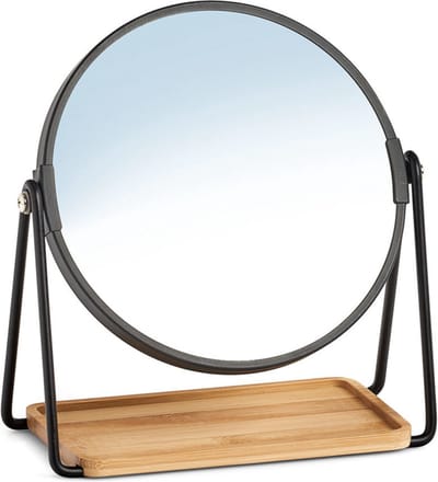 Make-up spiegel metaal/bamboe 17,5 x 20,5 cm - Dubbelzijdige cosmetica spiegel