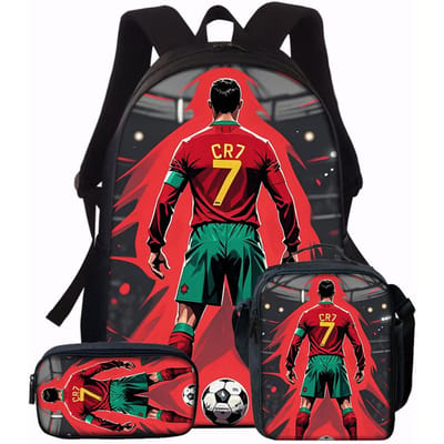 3-delige CR7 Voetbalster Patroon Rugzakset – Casual Rugzak met Grote Capaciteit met Bijpassende Clutch & Tote Bag, Perfect voor Dagelijks red