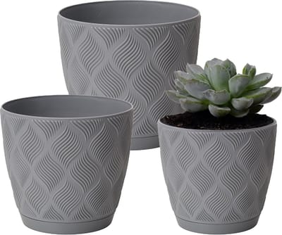 Form Plastic Plantenpot set New Age - 3x stuks - kunststof - platina grijs - met schotel