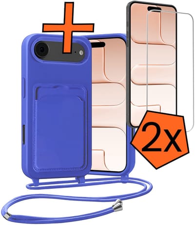 Hoesje Geschikt voor iPhone Air Hoesje Met Telefoonketting Pasjeshouder Case Met 2x Screenprotector Koord - Hoesje Geschikt voor iPhone Air Hoes Met Kaarthouder - Felblauw