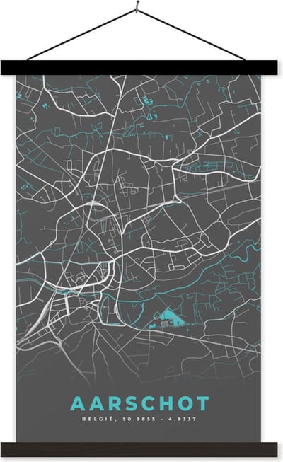 Posterhanger incl. Poster 40x60 cm - Schoolplaat - Kaart – Plattegrond – Stadskaart – Aarschot – België - Grijs - Textielposter - Zwarte latten - Stadskaart