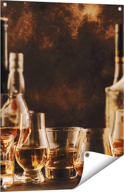 Gards Tuinposter Glazen met Sterke Drank - Flessen - 60x80 cm - Tuindoek - Tuindecoratie - Wanddecoratie buiten - Tuinschilderij