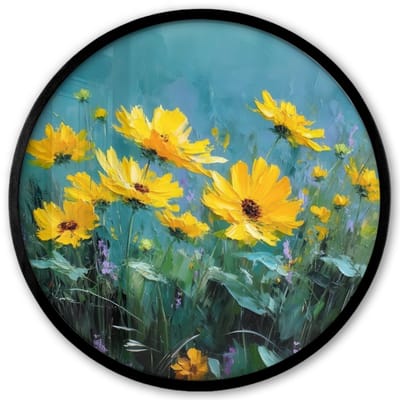 Poster in lijst Rond - Fotolijst 40x40 cm - Posters - Penseelstreken - Bloemen - Felgeel - Abstract - Ronde posterlijst zwart - Decoratie - Wanddecoratie woonkamer - Muurdecoratie slaapkamer
